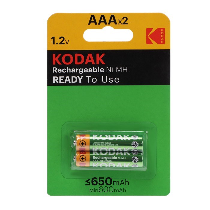 Аккумулятор Kodak, Ni-Mh, AAA, HR03-2BL, 1.2В, 650 мАч, блистер, 2 шт. - фото 51387317