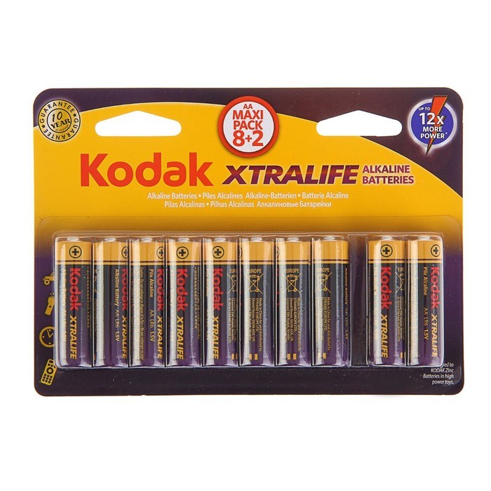 Батарейка алкалиновая Kodak XtraLife, AA, LR6-10BL, 1.5В, спайка, 10 шт. - фото 51387333