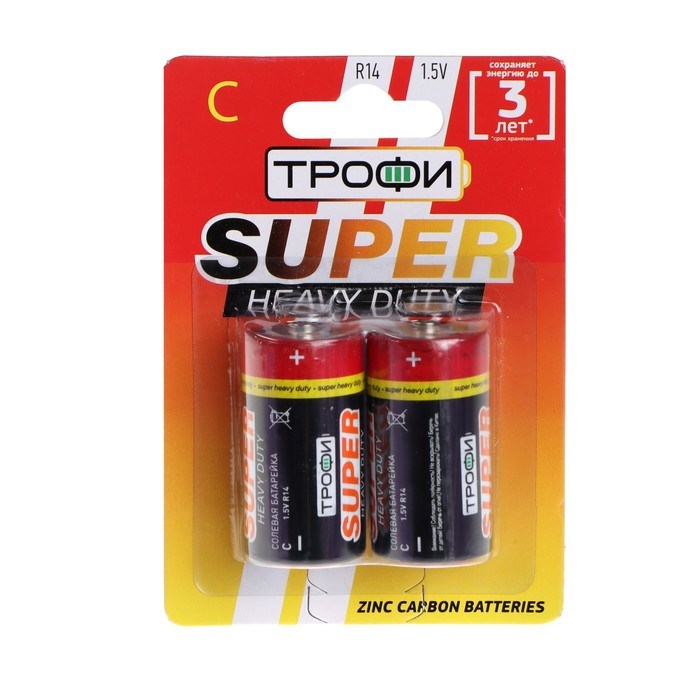 Батарейка солевая "Трофи" Super Heavy Duty, С, R14-2BL, 1.5В, блистер, 2 шт. - фото 51387551