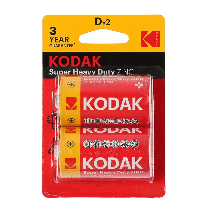 Батарейка солевая Kodak Super Heavy Duty, D, R20-2BL, 1.5В, блистер, 2 шт. - фото 51387563