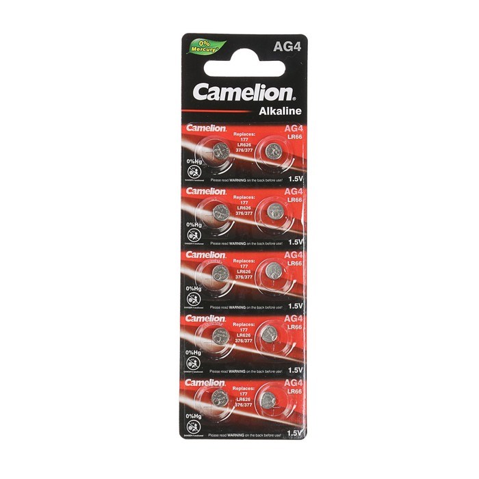 Батарейка алкалиновая Camelion Mercury Free, AG4 (377, LR626)-10BL, 1.5В, блистер, 10 шт. - фото 51387617