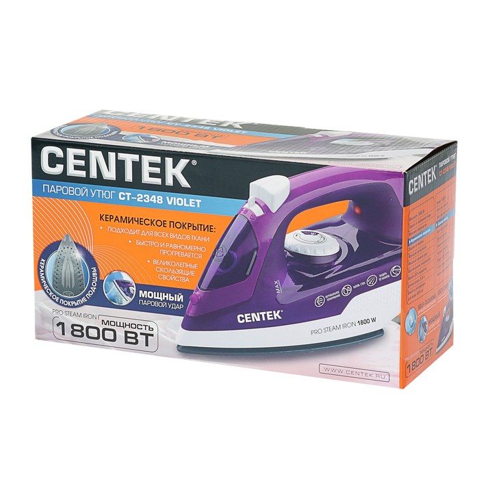 Утюг Centek CT-2348, 1300-1800 Вт, керамическая подошва, 200 мл, фиолетовый - фото 51387698