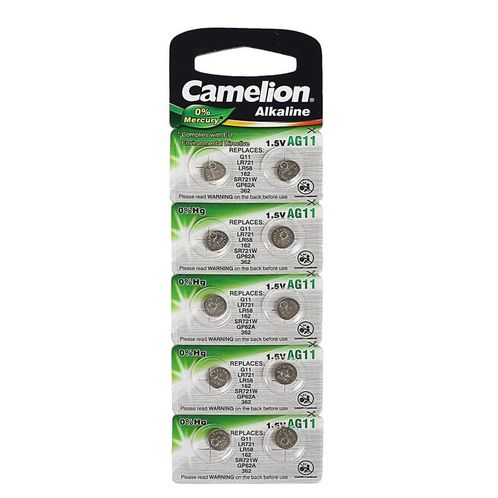 Батарейка алкалиновая Camelion Mercury Free, AG11 (362, LR721)-10BL, 1.5В, блистер, 10 шт. - фото 51388307