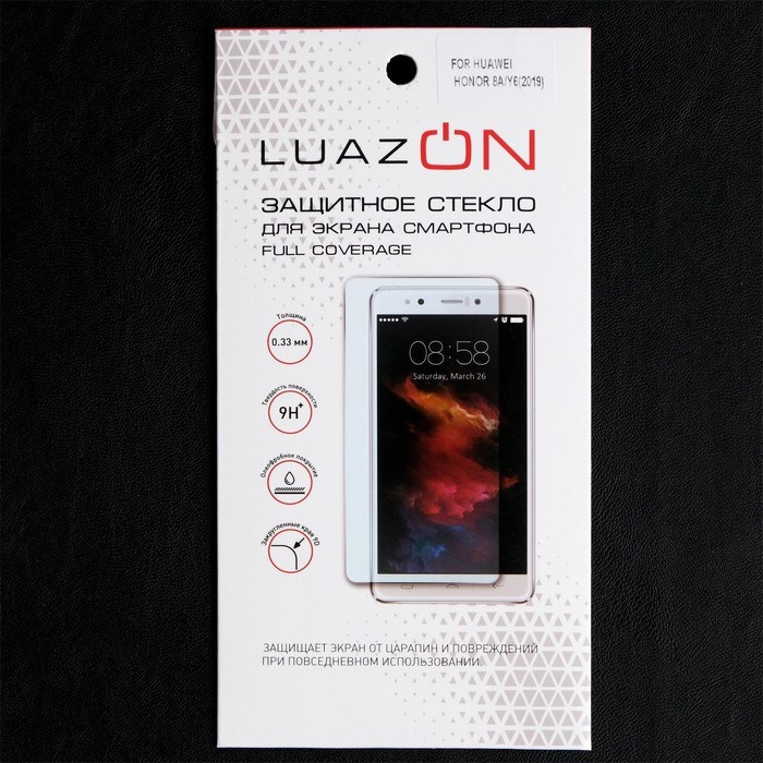 Защитное стекло 9D LuazON для Honor 8A/Y6 (2019), полный клей, 0.33 мм, 9Н, черное - фото 51389718