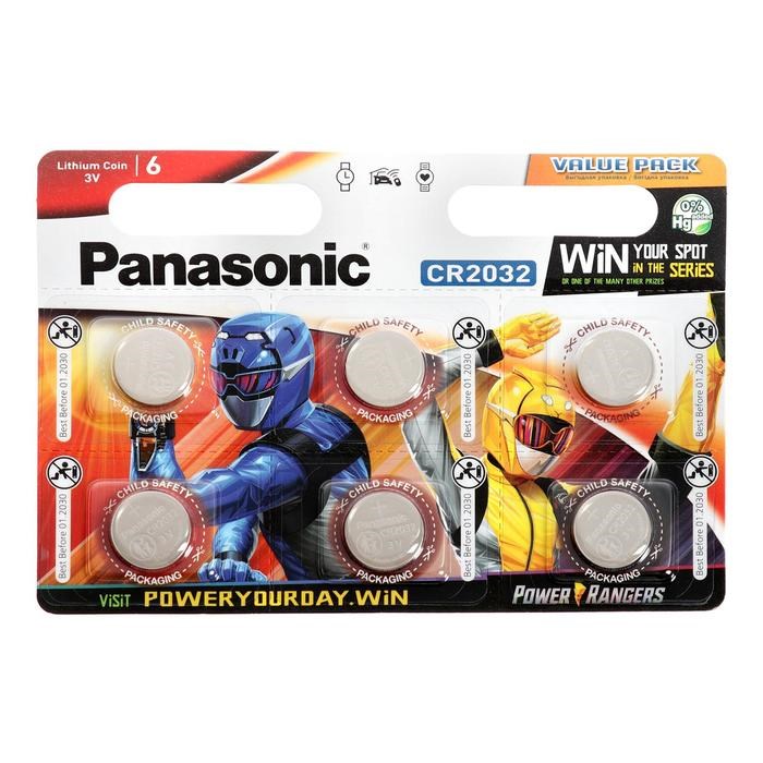 Батарейка литиевая Panasonic Lithium POWER RANGERS, CR2032-6BL, 3В, блистер, 6 шт. - фото 51390553