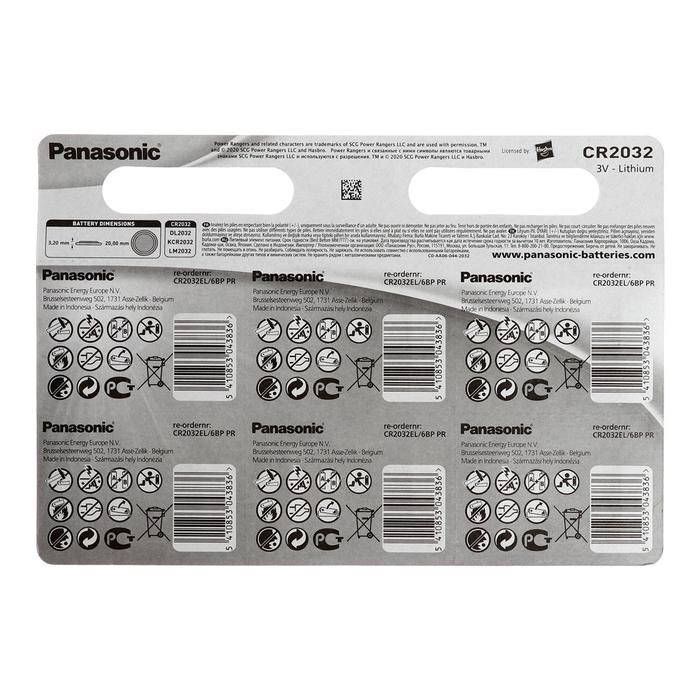 Батарейка литиевая Panasonic Lithium POWER RANGERS, CR2032-6BL, 3В, блистер, 6 шт. - фото 51390554