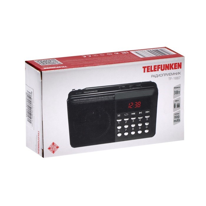 Радиоприемник Telefunken TF-1667, FM+ 87.5 МГц - 108 МГц, MP3, USB, microSD,800 мАч, чёрный - фото 51392783