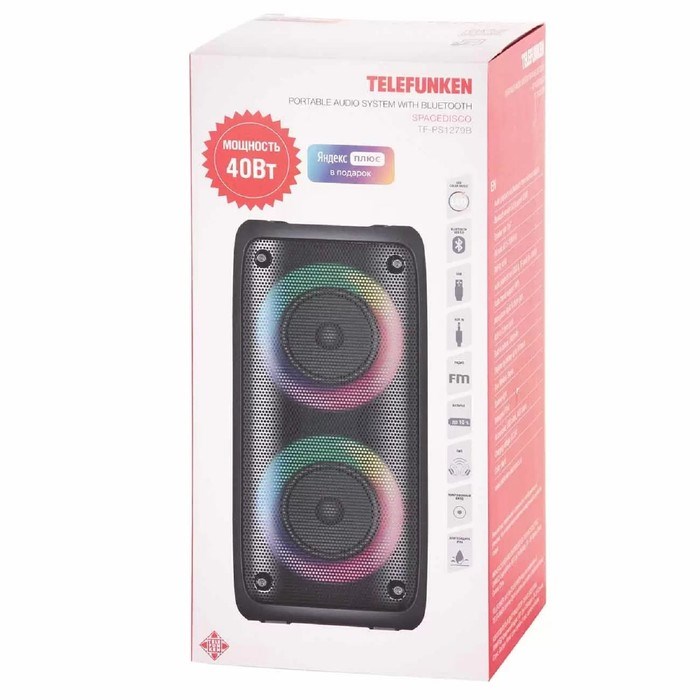 Портативная колонка Telefunken TF-PS1279B, 40 Вт, 2400мАч, BT, microSD, AUX, подсветка, IPx4 - фото 51393317