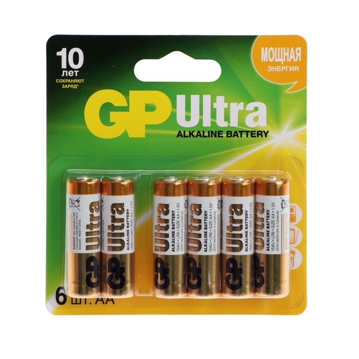 Батарейка алкалиновая GP Ultra, AA, LR6-6BL, 1.5В, блистер, 6 шт. - фото 51393999