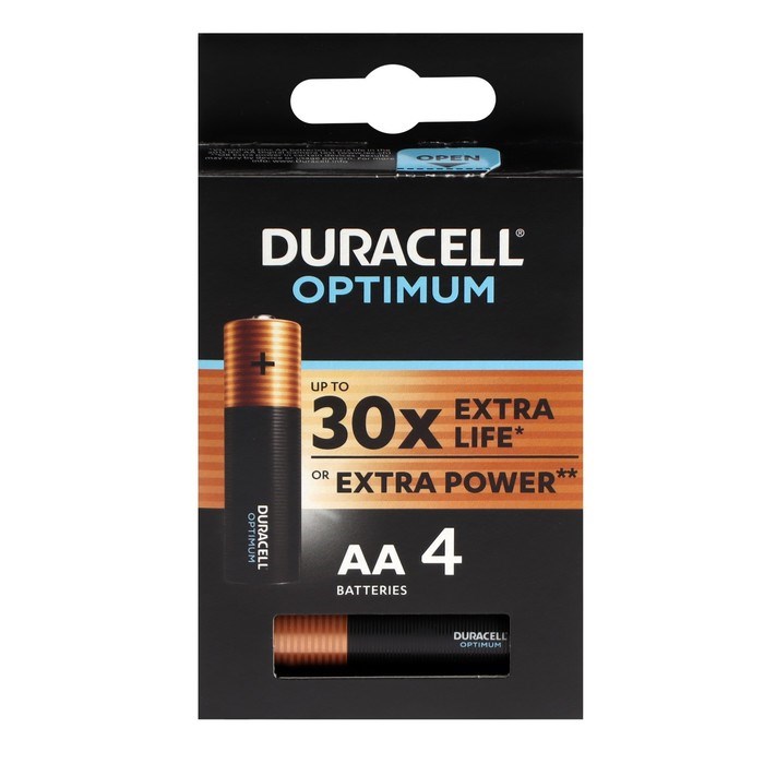 Батарейка алкалиновая Duracell OPTIMUM, AA, LR6-4BL, 1.5В, блистер, 4 шт. - фото 51394685