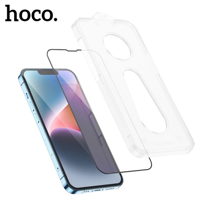 Защитное стекло Hoco для iPhone 14/13/13 Pro, с рамкой для установки, полный клей, 0.33 мм - фото 51395130