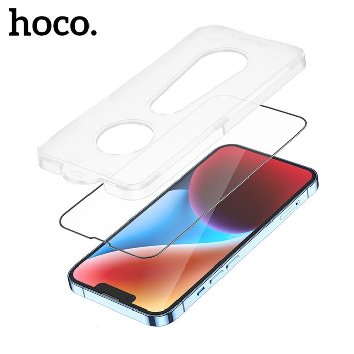 Защитное стекло Hoco для iPhone 14/13/13 Pro, с рамкой для установки, полный клей, 0.33 мм - фото 51395133