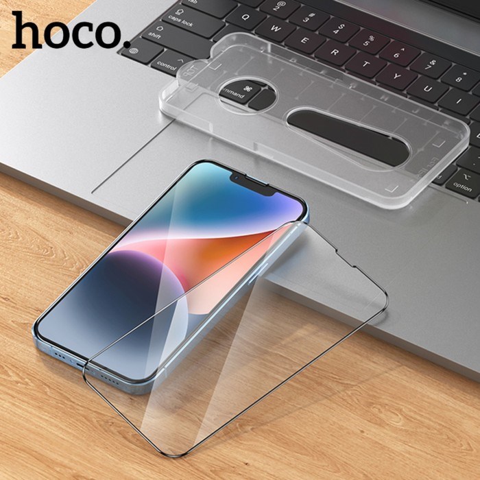 Защитное стекло Hoco для iPhone 14/13/13 Pro, с рамкой для установки, полный клей, 0.33 мм - фото 51395135