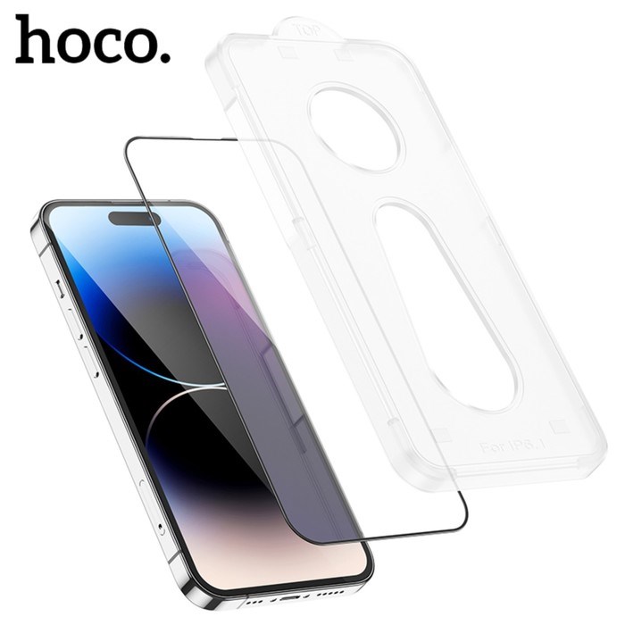 Защитное стекло Hoco для iPhone 14 Pro, с рамкой для установки, полный клей, 0.33 мм, 9H - фото 51395138