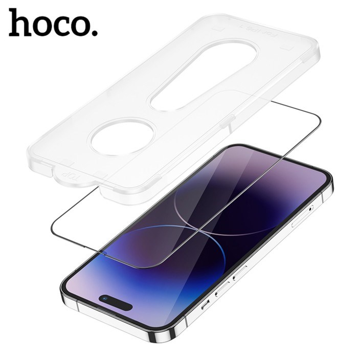 Защитное стекло Hoco для iPhone 14 Pro, с рамкой для установки, полный клей, 0.33 мм, 9H - фото 51395143