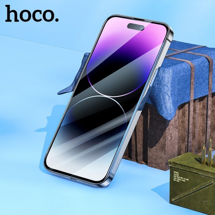 Защитное стекло Hoco для iPhone 14 Pro, с рамкой для установки, полный клей, 0.33 мм, 9H - фото 51395147