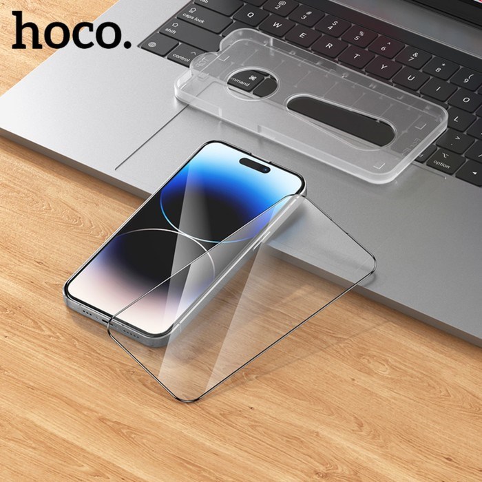 Защитное стекло Hoco для iPhone 14 Pro Max, с рамкой для установки, полный клей, 0.33 мм - фото 51395151