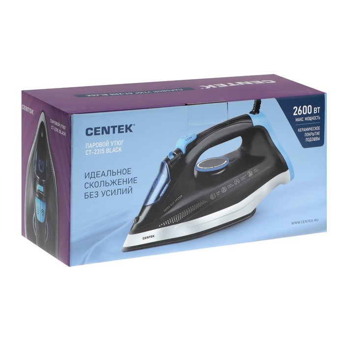 Утюг Centek CT-2315, 2600 Вт, керамическая подошва, 320 мл, чёрный - фото 51395375