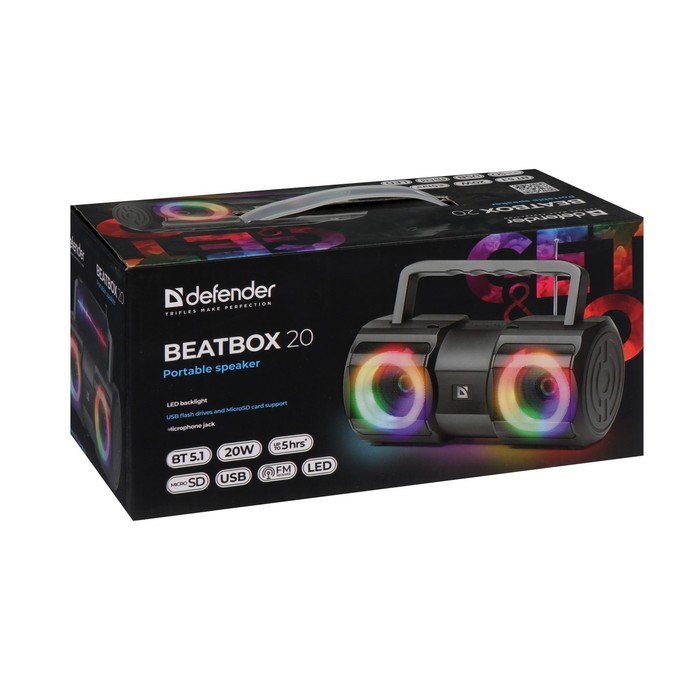 Портативная колонка Defender Beatbox 20, 20Вт, 2400мАч, BT, FM, USB, microSD, подсветка - фото 51395867