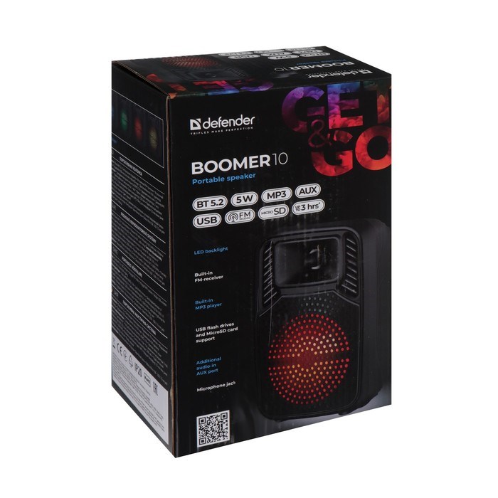 Портативная колонка Defender Boomer 10, 5Вт, 1200мАч, BT, FM, USB, microSD, AUX, подсветка - фото 51395890