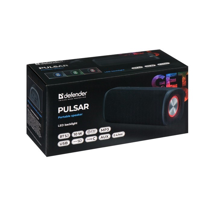 Портативная колонка Defender Pulsar, 10Вт, 1200 мАч, BT,FM, USB, microSD,Type-C, подсветка - фото 51395911