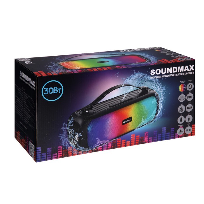 Портативная колонка Soundmax SM-PS5081B, 30 Вт, 3600мАч, FM, BT, USB, TWS, подсветка, черная - фото 51397229