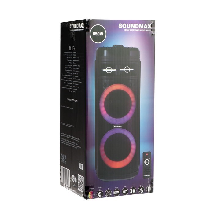 Портативная колонка Soundmax SM-MS4207, 80Вт, 3600мАч, FM, BT, USB, TWS, подсветка, черная - фото 51397254