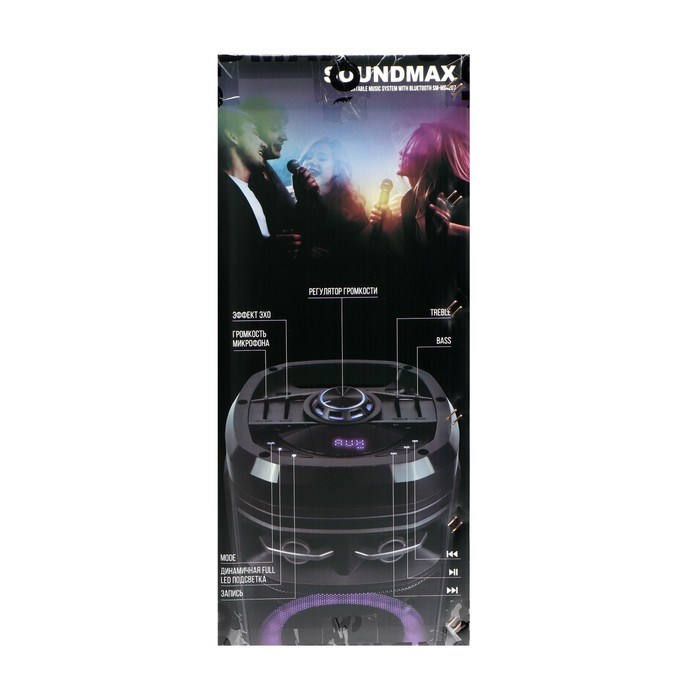 Портативная колонка Soundmax SM-MS4207, 80Вт, 3600мАч, FM, BT, USB, TWS, подсветка, черная - фото 51397256