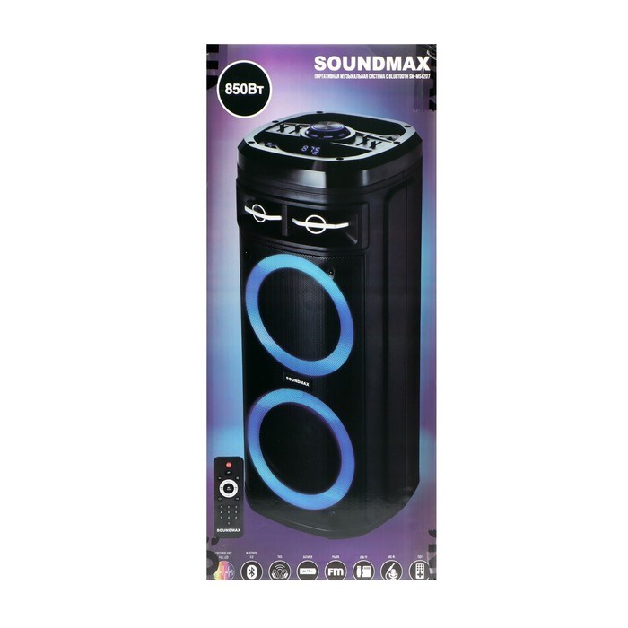 Портативная колонка Soundmax SM-MS4207, 80Вт, 3600мАч, FM, BT, USB, TWS, подсветка, черная - фото 51397257