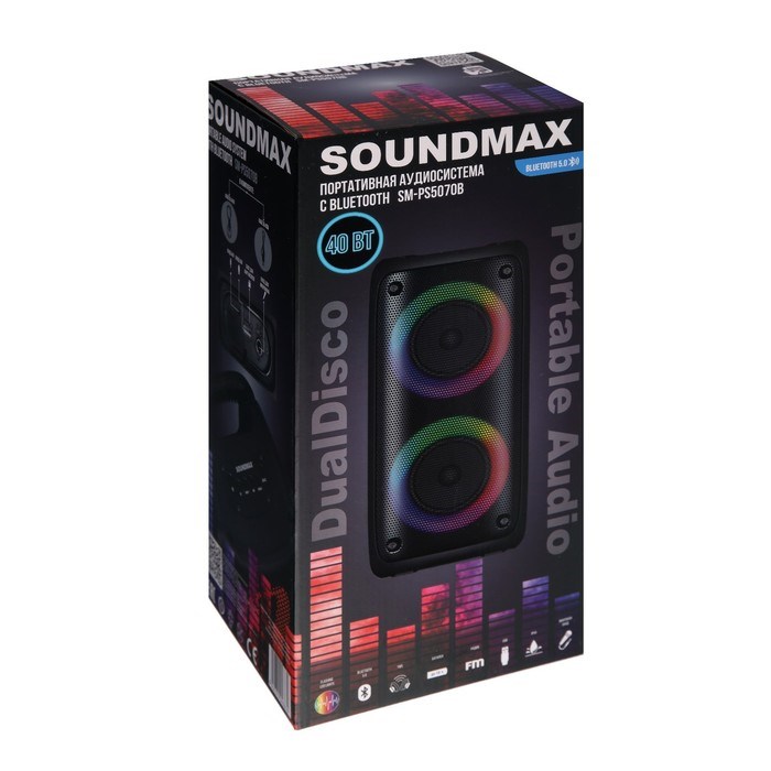 Портативная колонка Soundmax SM-PS5070B, 40Вт, 2400мАч, FM, BT, USB, TWS, подсветка, черная - фото 51397265