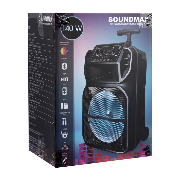 Портативная колонка Soundmax SM-PS4302, 60Вт, 2400мАч, FM, BT, microSD, USB, AUX, подсветка - фото 51397667