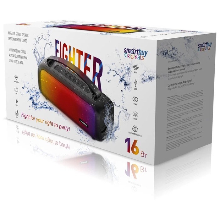 Портативная колонка Smartbuy FIGHTER, 16 Вт, BT 5.0, FM, microSD, USB, AUX, подсветка - фото 51397674