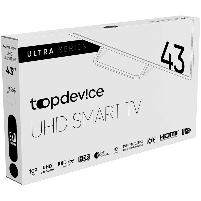 Телевизор Topdevice TDTV43BS05U,43",3840x2160, DV3-Т/T2/C/S/S2, HDMI3, USB2, SmartTV,черный - фото 51397927