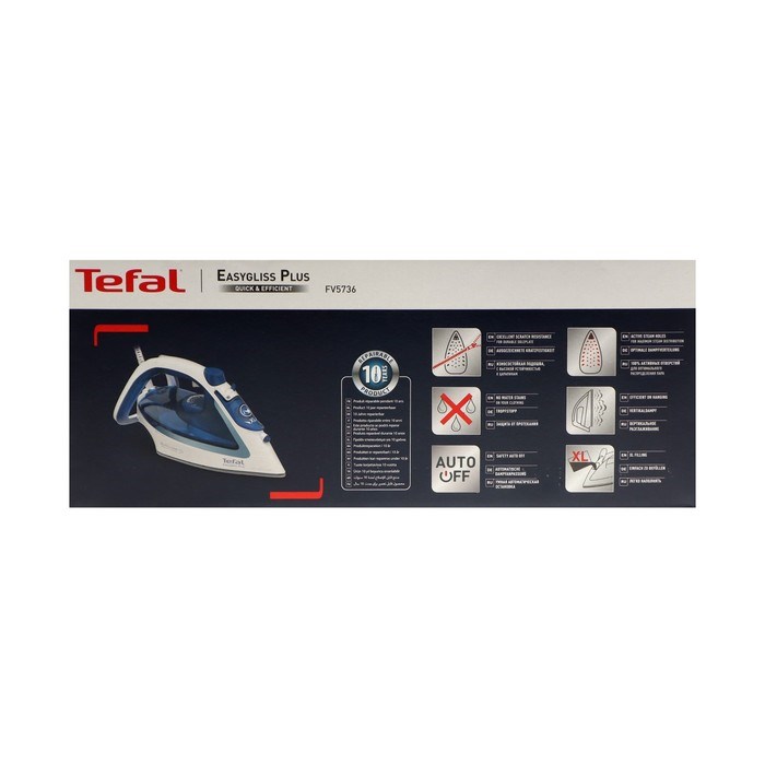 Утюг Tefal FV5736E0, 2500 Вт, эмалированная подошва, 45 г/мин, 270 мл, бело-синий - фото 51399991