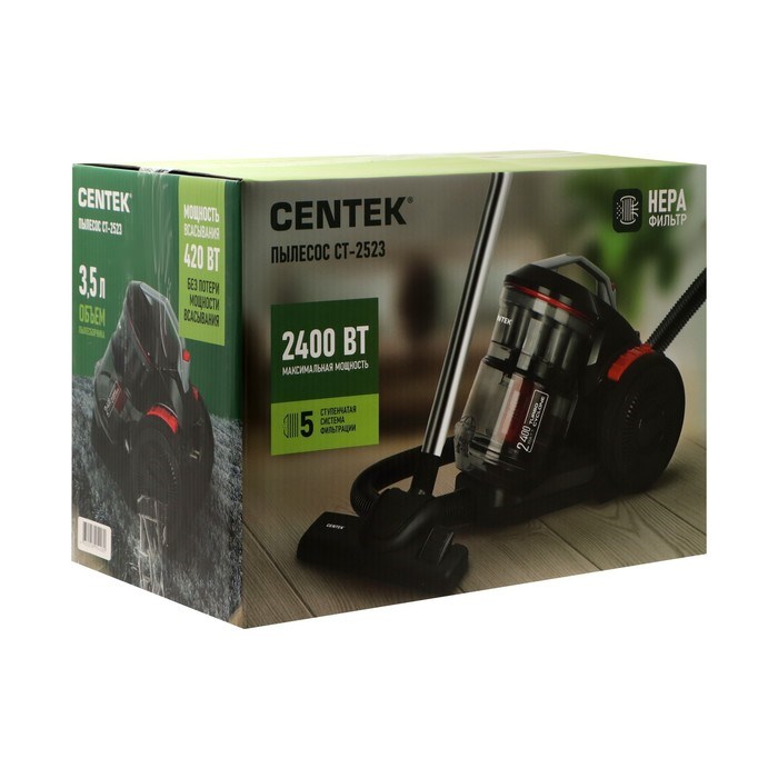 Пылесос Centek CT-2523, 2400/420 Вт, 1.2 л, красно-черный - фото 51400248