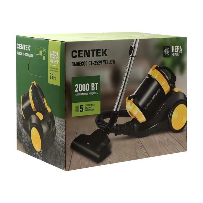 Пылесос Centek CT-2529, 2000/350 Вт, 2 л, мультициклон, жёлтый - фото 51400262