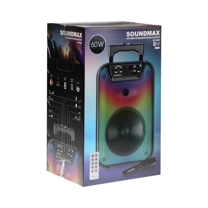 Портативная колонка Soundmax SM-PS4303, 60Вт, 2400мАч, FM, BT, microSD, USB, AUX, подсветка - фото 51400443