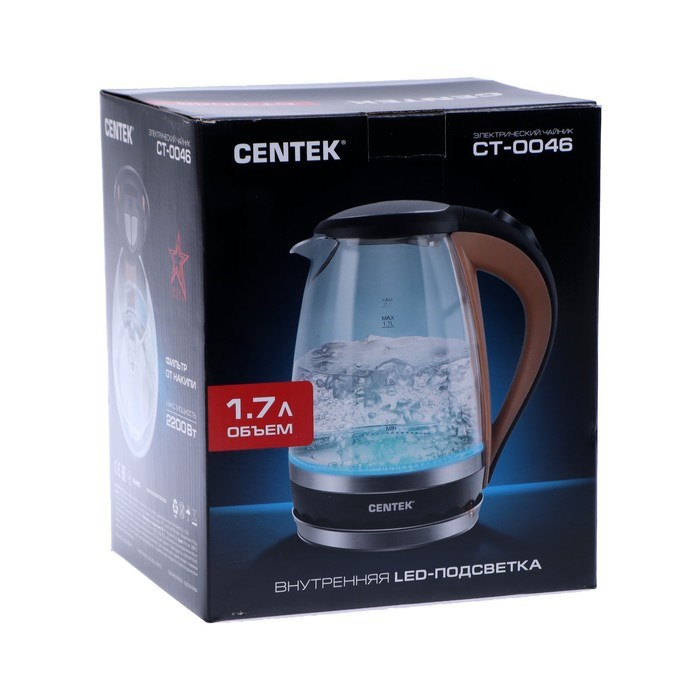 Чайник электрический Centek CT-0046, стекло, 1.7 л, 2200 Вт, подсветка, коричневый - фото 51400970