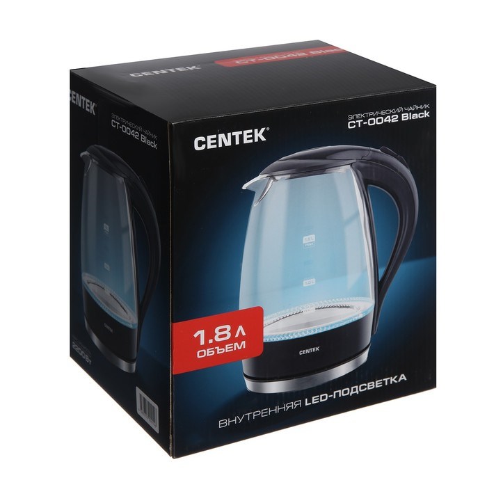 Чайник электрический Centek CT-0042, стекло, 1.8 л, 2200 Вт, подсветка, черный - фото 51401086