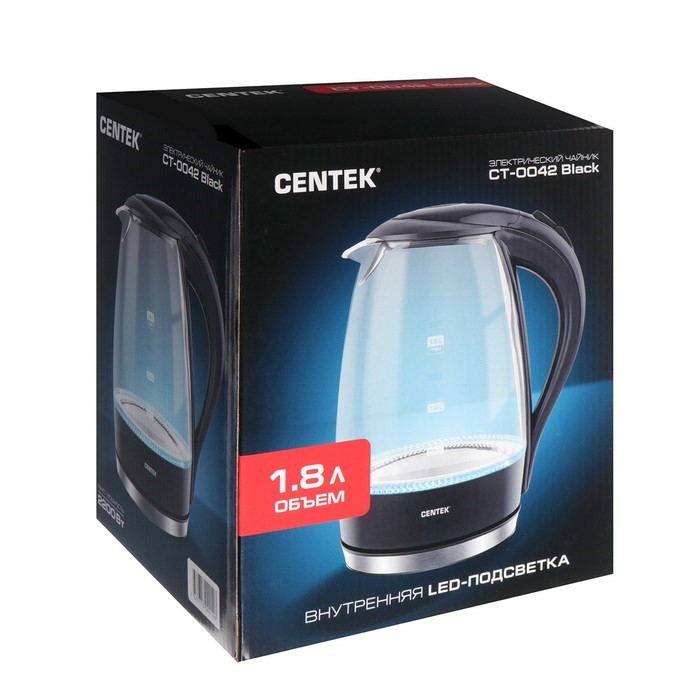 Чайник электрический Centek CT-0042, стекло, 1.8 л, 2200 Вт, подсветка, черный - фото 51401090