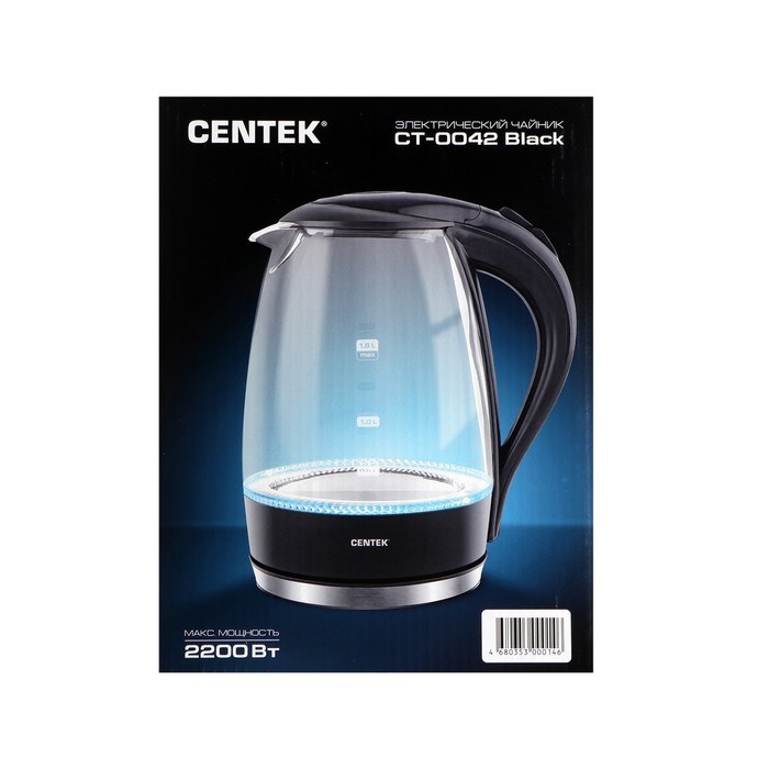 Чайник электрический Centek CT-0042, стекло, 1.8 л, 2200 Вт, подсветка, черный - фото 51401092