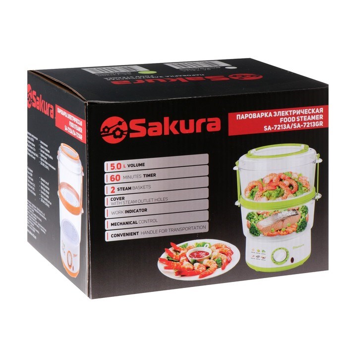 Пароварка Sakura SA-7213GR, электрическая, 500 Вт, 5 л, 2 яруса, бело-зеленый - фото 51401191