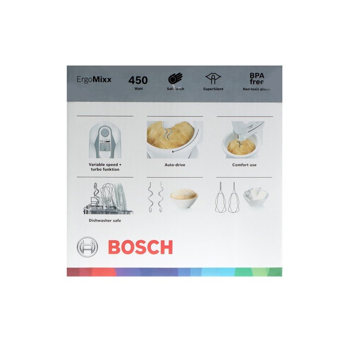 Миксер Bosch MFQ 36460, 450 Вт, 3 л, 5 скоростей, кнопка отсоединения насадок - фото 51401294