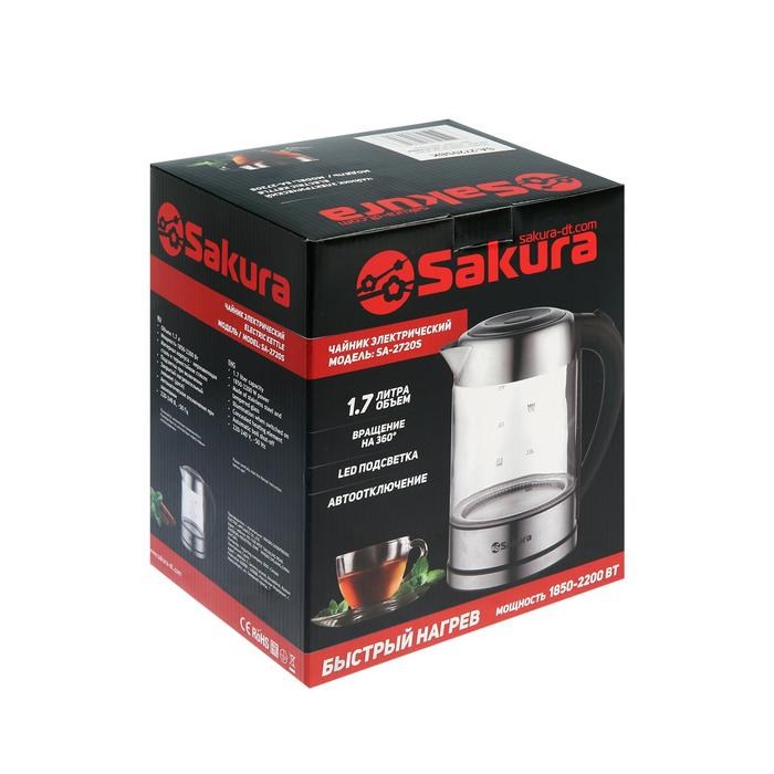 Чайник электрический Sakura SA-2720SBK, стекло, 1.7 л, 2200 Вт, серебристый - фото 51402297