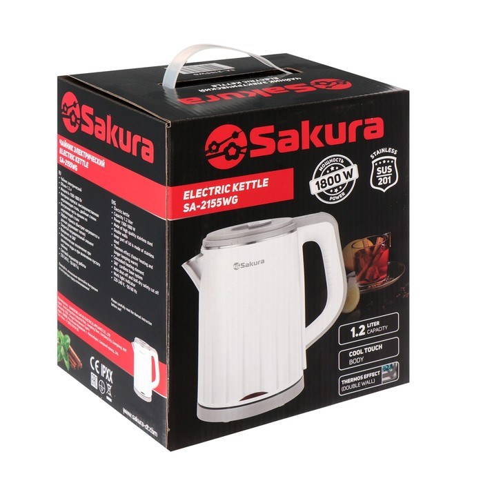 Чайник электрический Sakura SA-2155WG, пластик, колба металл, 1.2 л, 1500-1800 Вт, белый - фото 51402358