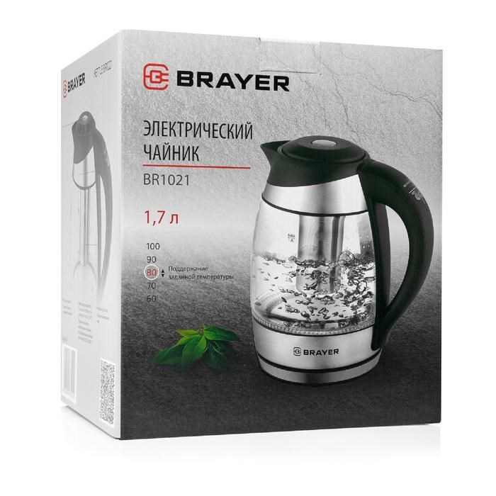 Чайник электрический BRAYER BR1021, стекло, 1.8 л, 2200 Вт, регулировка t°, серебристый - фото 51402617