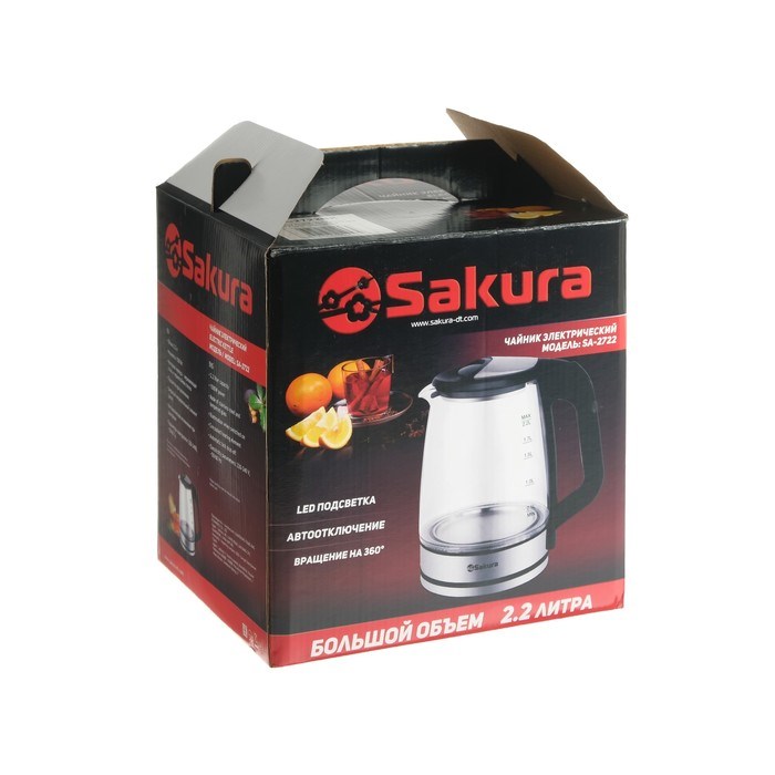 Чайник электрический Sakura SA-2722BK, стекло, 2.2 л, 1800 Вт, подсветка, серебристо-чёрный - фото 51402664