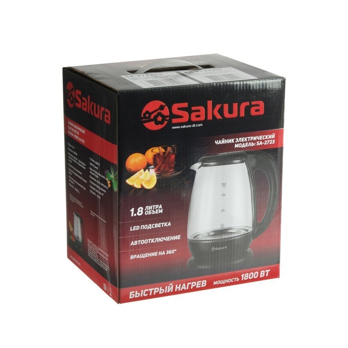 Чайник электрический Sakura SA-2723WG, стекло, 1.8 л, 1800 Вт, подсветка, белый - фото 51402673