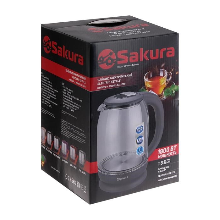 Чайник электрический Sakura SA-2709G, стекло, 1.8 л, 1800 Вт, темно-серый - фото 51402886