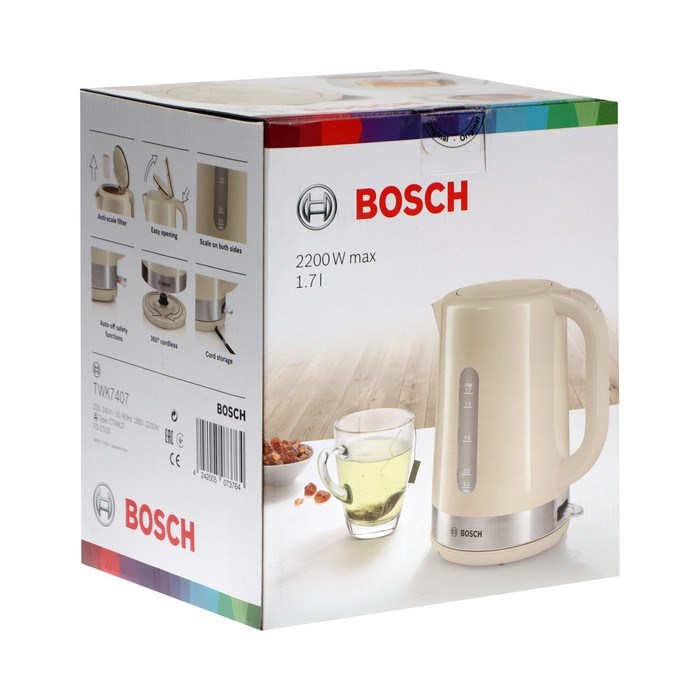 Чайник электрический Bosch TWK7407, пластик, 1.7 л, 2200 Вт, бежевый - фото 51403956